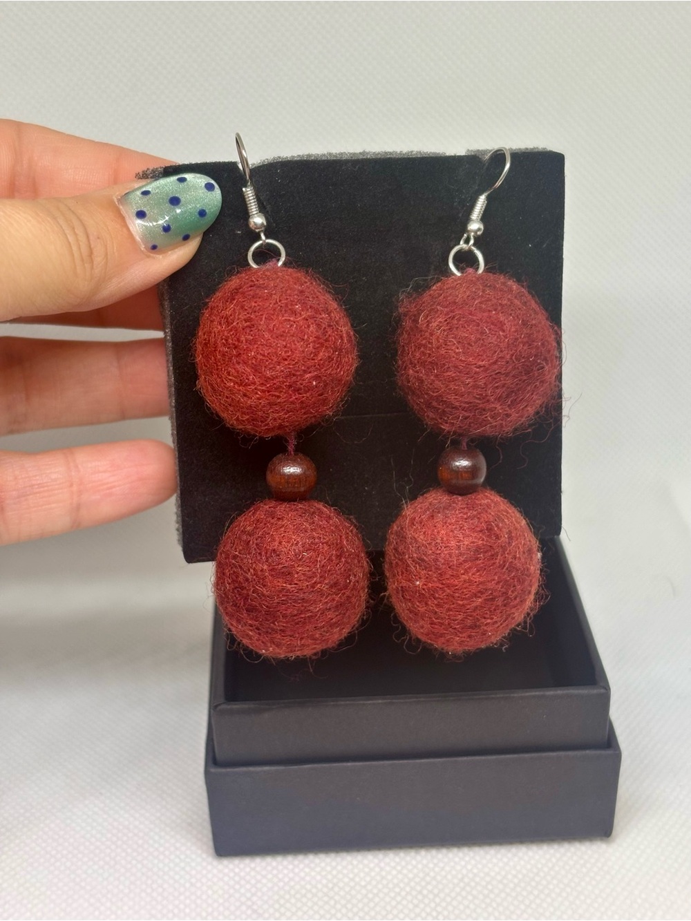 Handmade Burgundy Felt Ball Drop Earrings - Women Jewelry